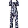 imageHappy Sailed Womens Summer Jumpsuits Floral Printed Short Sleeve High Waisted Pockets Wide Leg Rompers Beach Vacation OutfitsBlue