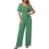 imageHappy Sailed Womens Summer Jumpsuits Floral Printed Short Sleeve High Waisted Pockets Wide Leg Rompers Beach Vacation OutfitsGreen