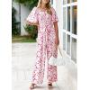 imageHappy Sailed Womens Summer Jumpsuits Floral Printed Short Sleeve High Waisted Pockets Wide Leg Rompers Beach Vacation OutfitsPink