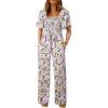 imageHappy Sailed Womens Summer Jumpsuits Floral Printed Short Sleeve High Waisted Pockets Wide Leg Rompers Beach Vacation OutfitsPurple