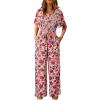 imageHappy Sailed Womens Summer Jumpsuits Floral Printed Short Sleeve High Waisted Pockets Wide Leg Rompers Beach Vacation OutfitsRed
