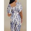 imageHappy Sailed Womens Summer Jumpsuits Floral Printed Short Sleeve High Waisted Pockets Wide Leg Rompers Beach Vacation OutfitsRetro Blue