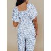 imageHappy Sailed Womens Summer Jumpsuits Floral Printed Short Sleeve High Waisted Pockets Wide Leg Rompers Beach Vacation OutfitsSky Blue