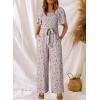imageHappy Sailed Womens Summer Jumpsuits Floral Printed Short Sleeve High Waisted Pockets Wide Leg Rompers Beach Vacation OutfitsWhite