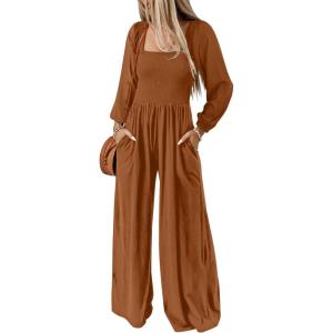 imageHappy Sailed Womens Jumpsuits Dressy Casual High Waisted Pockets Long Sleeve Rompers Beach Fashion Vacation Outfits for WomenCoffee