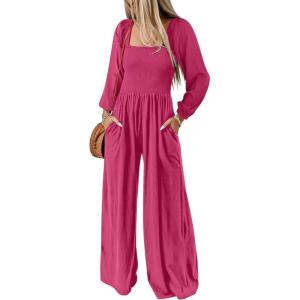 imageHappy Sailed Womens Jumpsuits Dressy Casual High Waisted Pockets Long Sleeve Rompers Beach Fashion Vacation Outfits for WomenStrawberry Pink