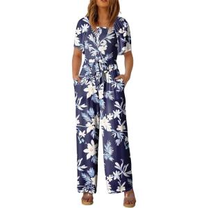imageHappy Sailed Womens Summer Jumpsuits Floral Printed Short Sleeve High Waisted Pockets Wide Leg Rompers Beach Vacation OutfitsBlue