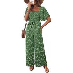 imageHappy Sailed Womens Summer Jumpsuits Floral Printed Short Sleeve High Waisted Pockets Wide Leg Rompers Beach Vacation OutfitsGreen