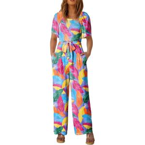 imageHappy Sailed Womens Summer Jumpsuits Floral Printed Short Sleeve High Waisted Pockets Wide Leg Rompers Beach Vacation OutfitsMulticolour