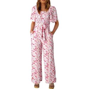 imageHappy Sailed Womens Summer Jumpsuits Floral Printed Short Sleeve High Waisted Pockets Wide Leg Rompers Beach Vacation OutfitsPink