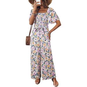 imageHappy Sailed Womens Summer Jumpsuits Floral Printed Short Sleeve High Waisted Pockets Wide Leg Rompers Beach Vacation OutfitsPurple
