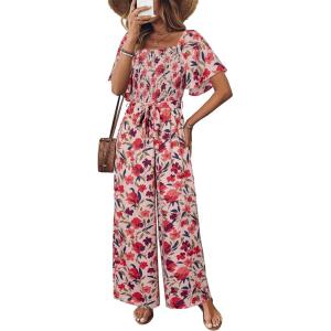 imageHappy Sailed Womens Summer Jumpsuits Floral Printed Short Sleeve High Waisted Pockets Wide Leg Rompers Beach Vacation OutfitsRed