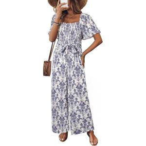 imageHappy Sailed Womens Summer Jumpsuits Floral Printed Short Sleeve High Waisted Pockets Wide Leg Rompers Beach Vacation OutfitsRetro Blue