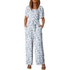 imageHappy Sailed Womens Summer Jumpsuits Floral Printed Short Sleeve High Waisted Pockets Wide Leg Rompers Beach Vacation OutfitsSky Blue