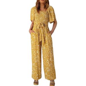 imageHappy Sailed Womens Summer Jumpsuits Floral Printed Short Sleeve High Waisted Pockets Wide Leg Rompers Beach Vacation OutfitsYellow