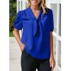 imageHappy Sailed Blouses for Women Dressy Short Sleeve Tie Knot V Neck Shirts Business Casual TopsDark Blue