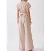imageHappy Sailed Women Jumpsuits Dressy Short Sleeve Front Crisscross Tie Waist Belted Wide Leg Pant Romper with PocketsApricot