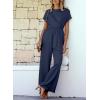 imageHappy Sailed Women Jumpsuits Dressy Short Sleeve Front Crisscross Tie Waist Belted Wide Leg Pant Romper with PocketsBlue