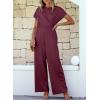 imageHappy Sailed Women Jumpsuits Dressy Short Sleeve Front Crisscross Tie Waist Belted Wide Leg Pant Romper with PocketsBurgundy