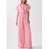 imageHappy Sailed Women Jumpsuits Dressy Short Sleeve Front Crisscross Tie Waist Belted Wide Leg Pant Romper with PocketsPink