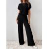 imageHappy Sailed Womens Casual Loose Solid Ribbed Crewneck Short Sleeve Long Romper Stretchy Wide Leg JumpsuitsBlack