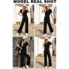 imageHappy Sailed Womens Casual Loose Solid Ribbed Crewneck Short Sleeve Long Romper Stretchy Wide Leg JumpsuitsBlack