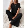 imageHappy Sailed Womens Casual Loose Solid Ribbed Crewneck Short Sleeve Long Romper Stretchy Wide Leg JumpsuitsBlack
