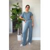 imageHappy Sailed Womens Casual Loose Solid Ribbed Crewneck Short Sleeve Long Romper Stretchy Wide Leg JumpsuitsBlue