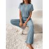 imageHappy Sailed Womens Casual Loose Solid Ribbed Crewneck Short Sleeve Long Romper Stretchy Wide Leg JumpsuitsBlue