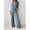imageHappy Sailed Womens Casual Loose Solid Ribbed Crewneck Short Sleeve Long Romper Stretchy Wide Leg JumpsuitsBlue