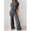 imageHappy Sailed Womens Casual Loose Solid Ribbed Crewneck Short Sleeve Long Romper Stretchy Wide Leg JumpsuitsDark Grey