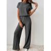 imageHappy Sailed Womens Casual Loose Solid Ribbed Crewneck Short Sleeve Long Romper Stretchy Wide Leg JumpsuitsDark Grey