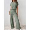 imageHappy Sailed Womens Casual Loose Solid Ribbed Crewneck Short Sleeve Long Romper Stretchy Wide Leg JumpsuitsLight Green