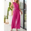 imageHappy Sailed Womens Jumpsuits Dressy Summer Sleeveless High Waist Belt Wide Leg Pants Romper Jumpsuit with PocketsRose Red