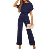 imageHappy Sailed Womens Loose Short Sleeve Belted Wide Leg Pant Romper Jumpsuit Business Casual One Piece OutfitsA Navy Blue
