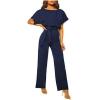 imageHappy Sailed Womens Loose Short Sleeve Belted Wide Leg Pant Romper Jumpsuit Business Casual One Piece OutfitsA Navy Blue