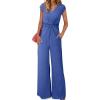 imageHappy Sailed Jumpsuits for Women Dressy Summer Short Sleeve V Neck Criss Cross Wide Leg Long Pants Romper OutfitsBlue