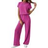 imageHappy Sailed Womens Casual Loose Solid Ribbed Crewneck Short Sleeve Long Romper Stretchy Wide Leg JumpsuitsPink