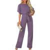 imageHappy Sailed Womens Loose Short Sleeve Belted Wide Leg Pant Romper Jumpsuit Business Casual One Piece OutfitsA Purple