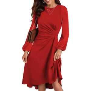 imageHappy Sailed Formal Dresses for Women Elegant Fall Winter Long Sleeve Ruched Waist A Line High Low Flowy Midi Cocktail Party Dress for Wedding Guest Dress Red