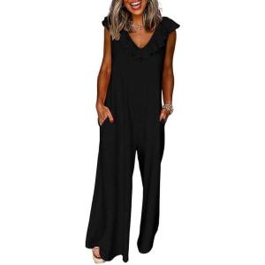 imageHappy Sailed Jumpsuits for Women Dressy Ruffle V Neck Sleeveless Jumpsuit Wide Leg Long Pant Overalls with PocketsBlack