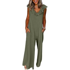 imageHappy Sailed Jumpsuits for Women Dressy Ruffle V Neck Sleeveless Jumpsuit Wide Leg Long Pant Overalls with PocketsDark Green