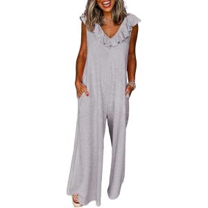 imageHappy Sailed Jumpsuits for Women Dressy Ruffle V Neck Sleeveless Jumpsuit Wide Leg Long Pant Overalls with PocketsGrey
