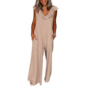 imageHappy Sailed Jumpsuits for Women Dressy Ruffle V Neck Sleeveless Jumpsuit Wide Leg Long Pant Overalls with PocketsKhaki