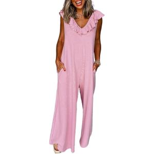 imageHappy Sailed Jumpsuits for Women Dressy Ruffle V Neck Sleeveless Jumpsuit Wide Leg Long Pant Overalls with PocketsPink