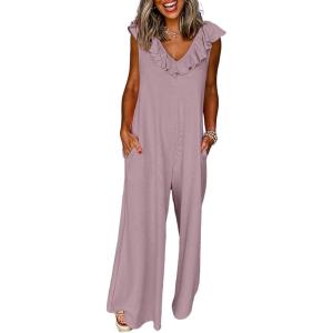 imageHappy Sailed Jumpsuits for Women Dressy Ruffle V Neck Sleeveless Jumpsuit Wide Leg Long Pant Overalls with PocketsPurple