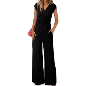 imageHappy Sailed Jumpsuits for Women Dressy Summer Short Sleeve V Neck Criss Cross Wide Leg Long Pants Romper OutfitsBlack
