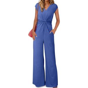 imageHappy Sailed Jumpsuits for Women Dressy Summer Short Sleeve V Neck Criss Cross Wide Leg Long Pants Romper OutfitsBlue