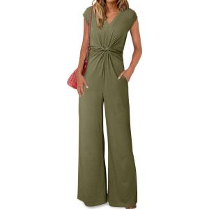 imageHappy Sailed Jumpsuits for Women Dressy Summer Short Sleeve V Neck Criss Cross Wide Leg Long Pants Romper OutfitsGreen