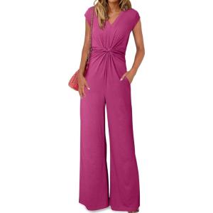 imageHappy Sailed Jumpsuits for Women Dressy Summer Short Sleeve V Neck Criss Cross Wide Leg Long Pants Romper OutfitsPink